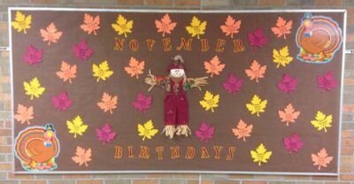 november birthday leaves and scarecrow birthday bulletin board